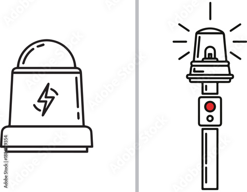 A black and white vector illustration featuring a stationary electrical power unit icon and a glowing industrial warning beacon mounted on a pole with a red indicator light.