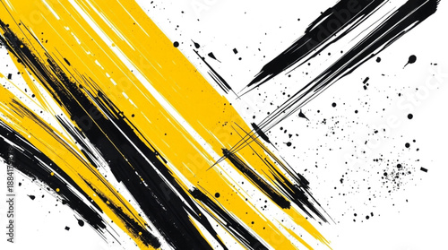 Dynamic abstract background with bold yellow and black brush strokes and paint splatters creating an energetic design.
