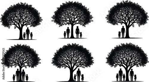 Family tree silhouette illustration, parents and children standing under trees, black and white vector set, ancestry, unity, generations concept