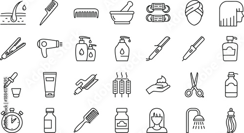 Hair care line icons set, beauty salon tools, cosmetic products, hairstyling equipment, grooming accessories, outline vector illustration