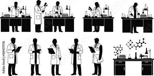 Laboratory scientist silhouettes, chemistry research, scientists working, lab experiments, medical science, biotechnology, research workflow, black vector icons, illustration, set, collection
