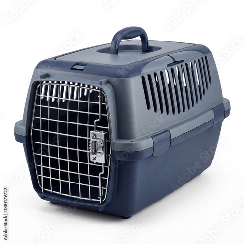 Plastic portable pet carrier crate isolated on white background.