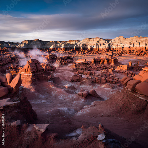 Ethereal Vista of Mars-like Crimson Hoodoos Erupting with Mystic Steam Under a Dramatic Twilight Sky