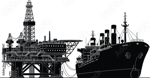 Offshore oil platform and tanker ship silhouette, petroleum industry energy infrastructure, maritime drilling transport concept, black vector illustration isolated