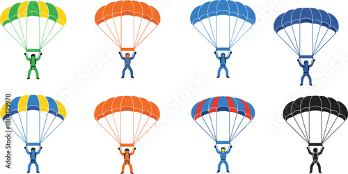 Parachuting people illustration set, skydiver landing with colorful parachutes, extreme sport characters, flat vector icons isolated on white background