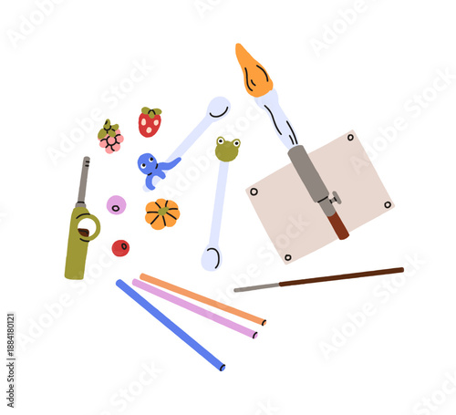 Handmade glass work. Glasswork, craftwork. Creative hobby accessories, supplies, modern DIY art, handwork, handcraft, hand-made manufacturing. Flat vector illustration isolated on white background