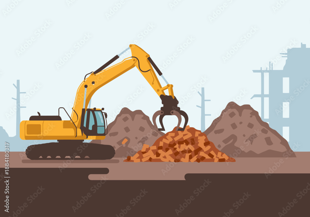 Ταπετσαρία An excavator sorts construction debris on a construction site