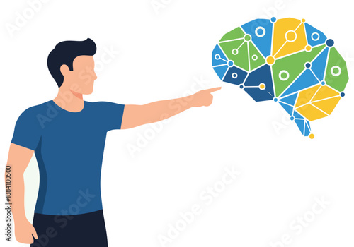 A man points to a brain graphic, symbolizing mental strength and training. Modern illustration with vibrant colors and a clean design. Focus on brainpower and personal development.