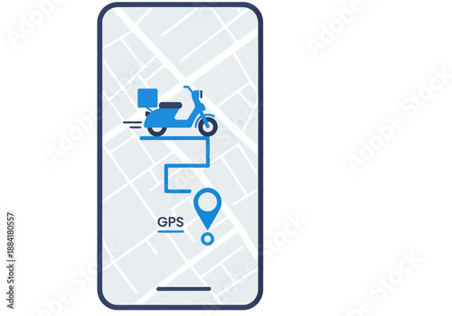 Mobile app tracking logistics interface with a delivery scooter and GPS location. Modern, digital illustration for delivery services and route optimization.