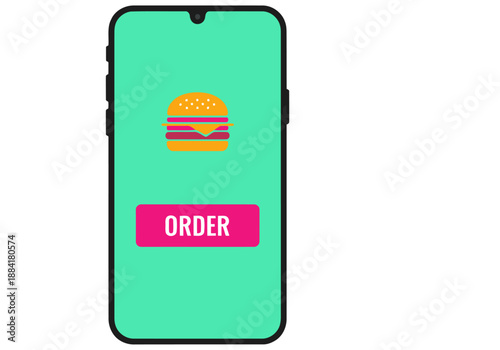 Mobile food order app display on smartphone. Bright green background with a burger icon and 'Order' button. Clean, modern design. Ideal for digital marketing.