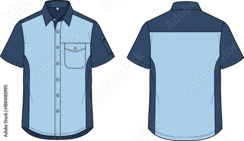 Short sleeve button shirt mockup, front back view, two tone workwear apparel, fashion technical drawing, men casual uniform vector isolated