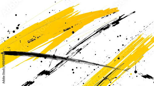 Abstract painting with bold orange and grey strokes and black splatters on a white background.