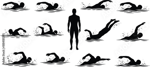 Swimming athlete silhouettes set, freestyle swimming poses, sport training illustration, water splash motion, black human figures isolated