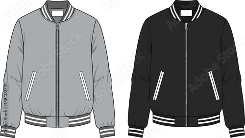 Varsity bomber jacket illustration set, classic zip up college jacket design, modern casual outerwear fashion apparel
