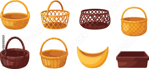 Wicker basket collection illustration, handmade woven containers set, traditional storage baskets, natural materials vector isolated on white background