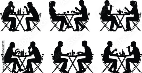 Silhouette of diverse couples sitting at bistro tables enjoying wine and dinner in restaurant setting, romantic date night collection for cafe lifestyle conceptual backgrounds.