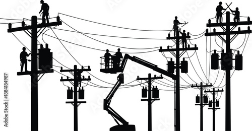 Silhouette of electrician workers set, linemen repairing power lines on poles icons, utility maintenance collection, electrical industry graphics, isolated black vector silhouettes for service.