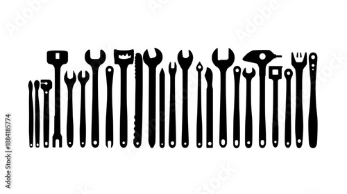 Collection of workshop tools in solid black silhouette, isolated, flat vector artwork, symmetrical layout