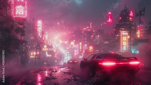 Neon drift through fog video LoFi animation. Futuristic sports car speeds through foggy chinese cityscape. Retro synthwave. Animated Lo-Fi 4K motion graphics with floating dust particles