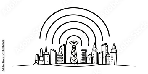 5G Wireless Technology Concept with Glowing Signal Waves over Modern City