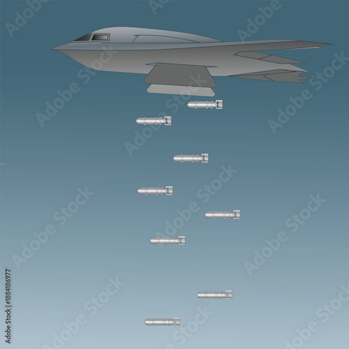 Vector illustration of an airborne B2 spirit bomber aircraft dropping nuclear bombs. Military aircraft dropping nuclear bombs vector illustration. 