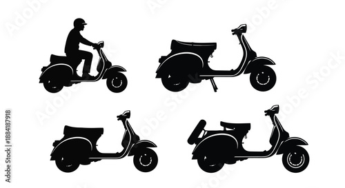Silhouette of a person riding a scooter and a separate scooter outline