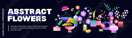 Design of banner with different vases in gradient style with bouquets. Template with glass and ceramic flower pots with various geometric shapes. Modern layout with posies. Flat vector illustration