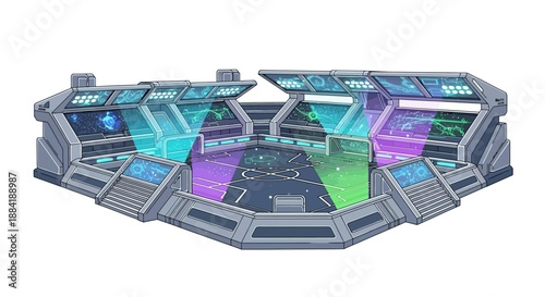 Futuristic control room with holographic displays and neon lights.