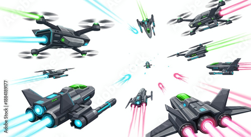 A dynamic aerial battle scene featuring futuristic drones and fighter jets engaged in combat with colorful energy trails.