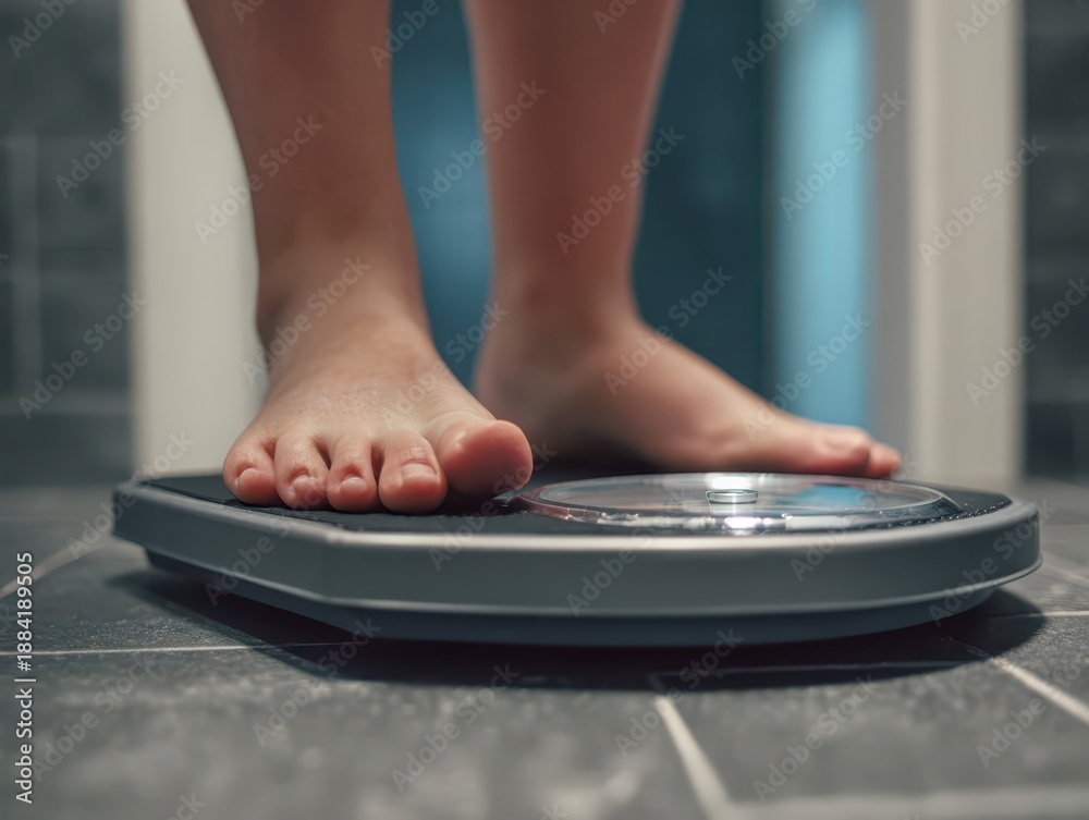 Fototapeta premium Person's Feet on Bathroom Scale Showing Weight Measurement