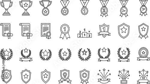 Award icons in black and white, trophy symbols, medal graphics, achievement badges, recognition elements, podium illustrations, certificate design, victory concept, celebration vector art