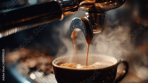 Fresh espresso pouring from a coffee machine with steamed crema and cinematic reflections