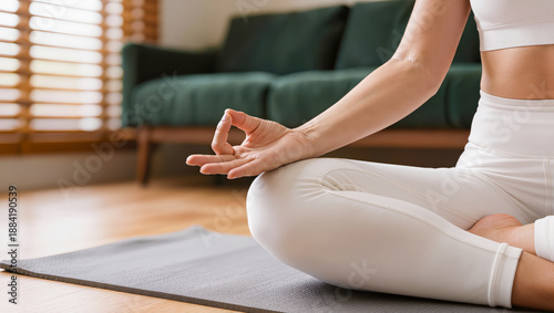 Wallpaper Mural Woman Meditating in Lotus Pose on Yoga Mat at Home. Torontodigital.ca