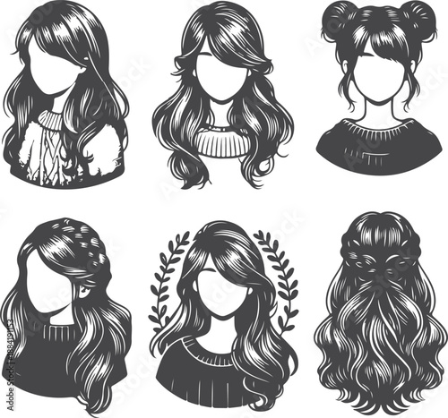 Vector Set of Women Hairstyles Icons in Hand Drawn Woodcut Style