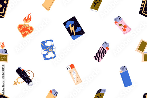 Repeatable pattern of fluid gas and disposable lighters with different designs. Endless background of smoking accessories with flame, equipment with burning fire. Flat seamless vector illustration