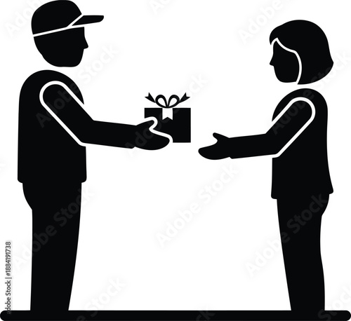 Delivery person handing gift box to recipient present