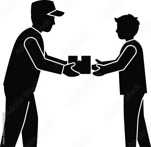 Delivery person handing package to recipient silhouette