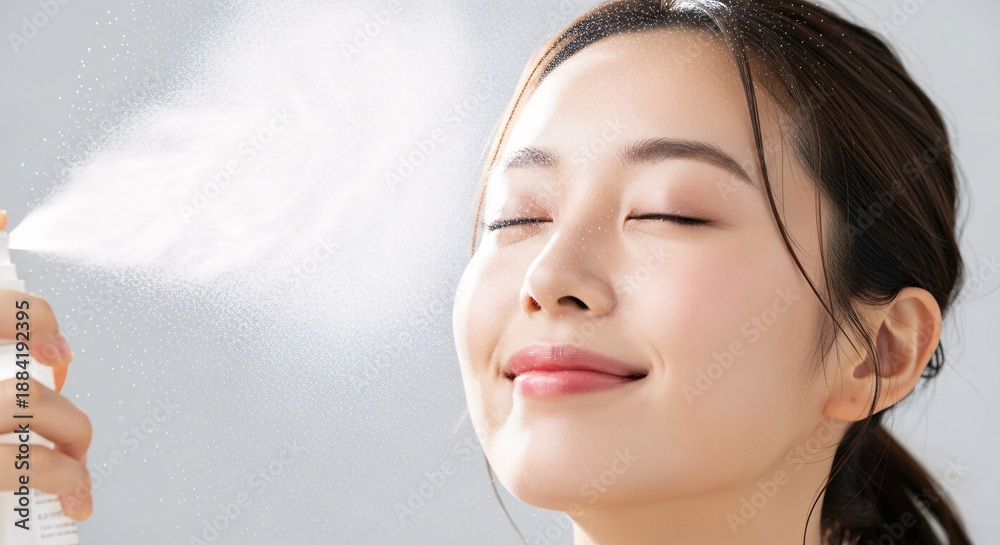 Obraz premium Close-up of a woman's face as she applies facial mist, refreshing skincare routine
