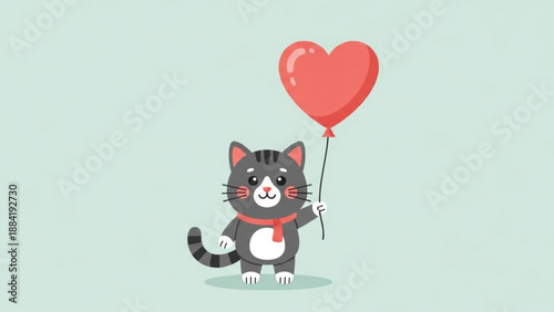 Adorable gray cat holding red heart shaped balloon in paw with red bow tie on valentine's day