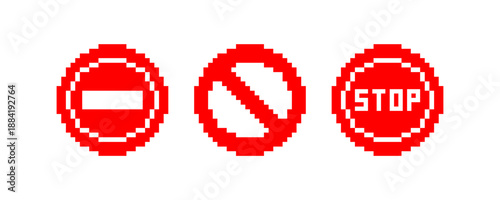 Road stop sign pixel icon set. Vector illustration design.
