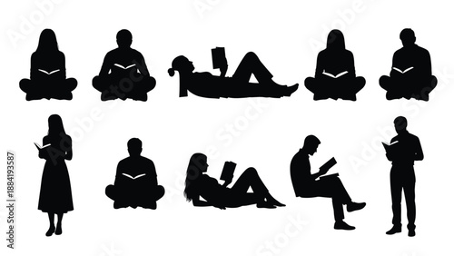 lack silhouettes of people reading books in various poses, sitting, standing, and lying down, isolated on white background, education and literacy