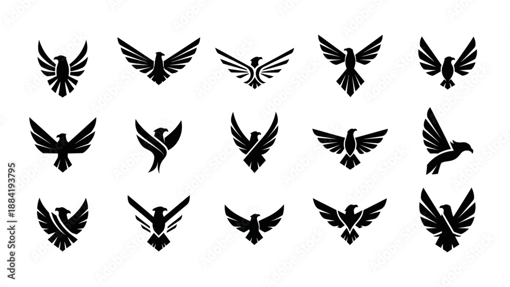 Fototapeta premium Set of 15 Black Eagle Bird Vector Logos