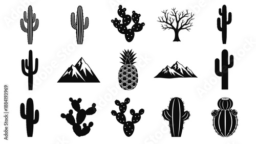 lack Vector Icon Set of Desert Plants Including Various Cactus Species Mountains Pineapple and Dry Trees for Southwestern Nature Graphic Design