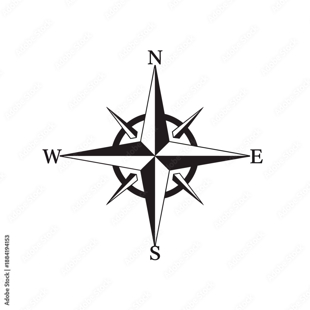 Fototapeta premium Black and White Compass Rose Vector Icon