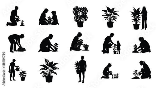 lack vector silhouettes of people gardening watering plants and planting flowers isolated on white background for nature and hobby design.