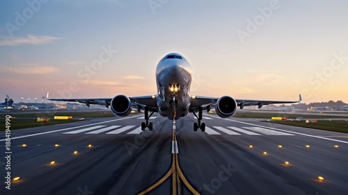 Large passenger airplane taking off from an airport runway at dawn. The plane ascends with bright lights against a clear sky. Represents global travel and modern aviation.
