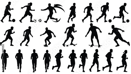 Large collection of athletic people silhouettes including soccer players running joggers and skateboarders in action poses isolated on white background,
