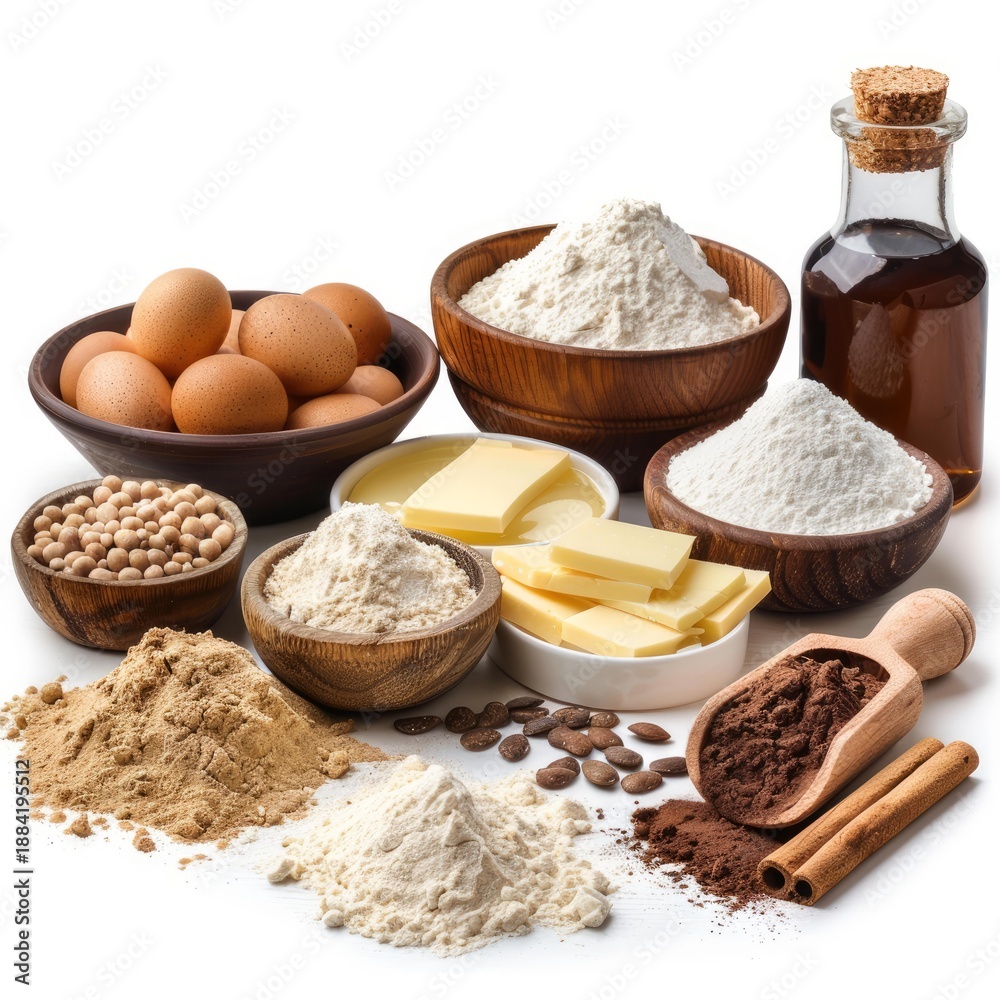 Fototapeta premium Bowls full of baking ingredients are sitting on a white surface, waiting to be used
