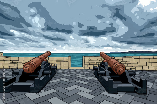 Medieval cannon on the historic city walls of Alghero. Sardinia, Italy