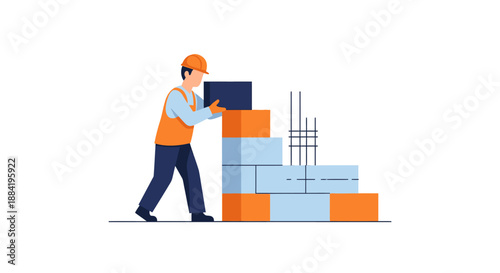 A skilled construction worker in a hard hat carefully placing a block on a growing structure, illustrating building progress and development.